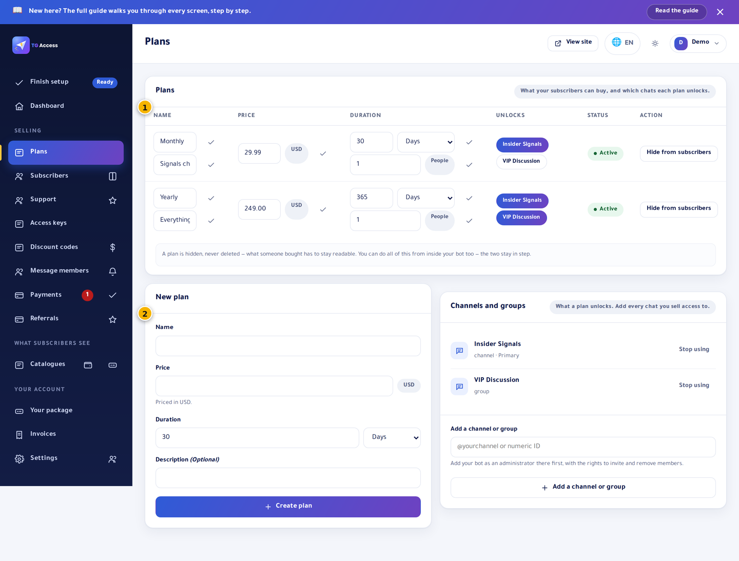 The plans page